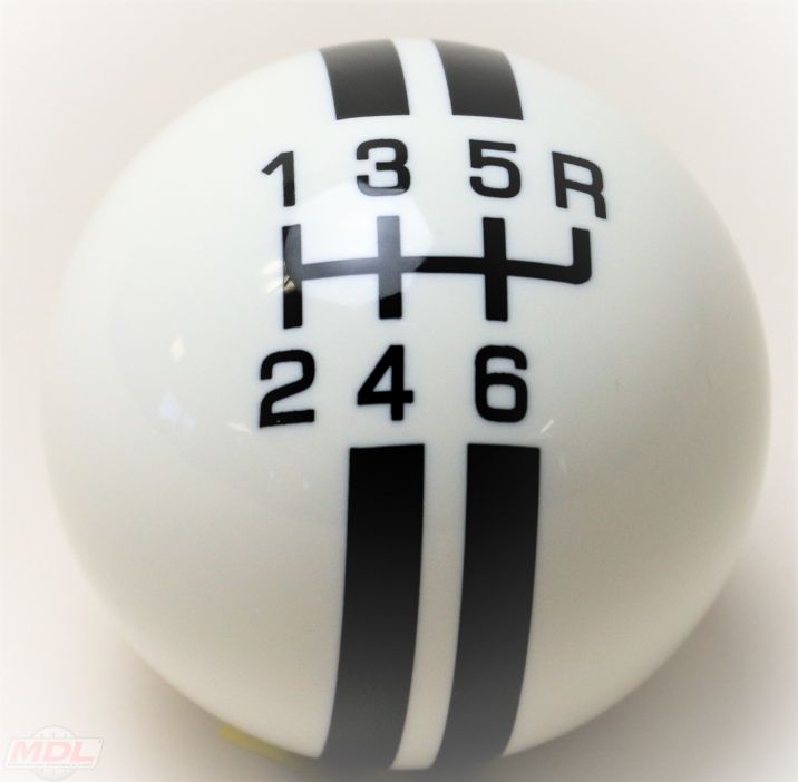 6-Speed R-Series White Shift ball with Black Rally Stripe 2-1/8", 16mm used with Thread Reducers